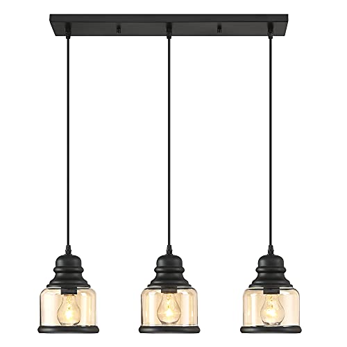 MOTINI 3-Light Linear Glass Pendant Light for Kitchen Island Hanging Lighting Fixture Chandelier for Dining Room, Black…