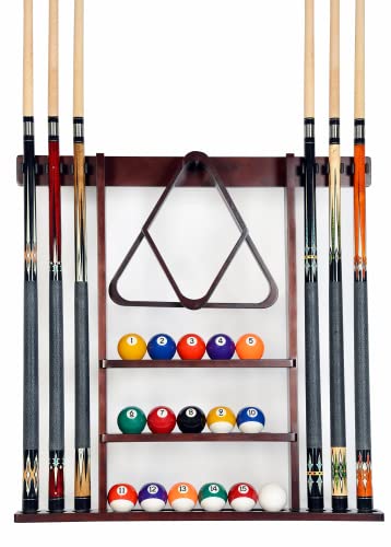 Iszy Billiards Pool Cue Rack – Billiard Stick Holder Only – 100% Wood Wall Mount Holds 6 Cues and a Full Set of Balls…