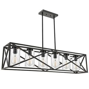 WINSHEN Black 6-Lights Dining Room Lighting Fixtures Hanging with Seeded Glass Lampshades, 45.3-Inches Length Industrial…