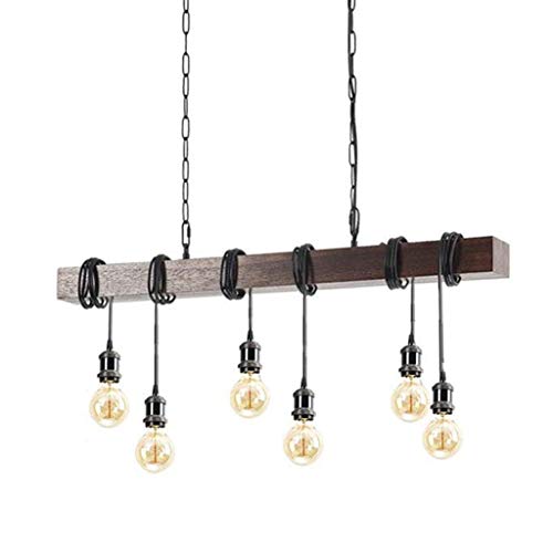 Eoyemin 6-Lights Kitchen Light Fixtures Farmhouse Wooden Retro Rustic Wood Pendant Light Industrial Suspension Line Can…