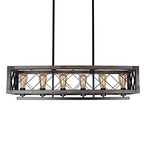 Bizinlumin Long Wood Rectangle Cage Chandelier Light for Kitchen Island, Metal Farmhouse Dining Room Lighting Rustic…